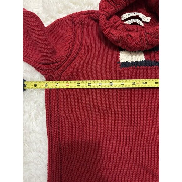 TOMMY HILFIGER VINTAGE Red Chunky Cable Knit Turtleneck Sweater MEDIUM Flag Y2k - Picture 8 of 9